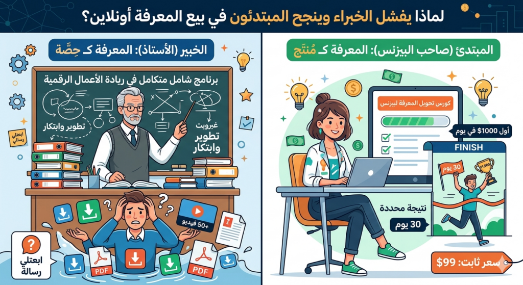 السبب الخامس: الخبير بيتعامل مع المعرفة كـ "حصة" — المبتدئ بيتعامل معاها كـ "منتج"