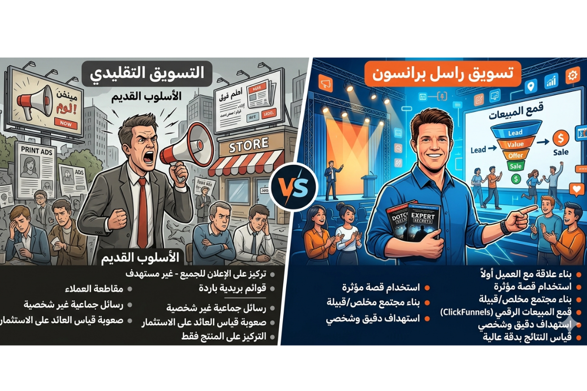 التسويق التقليدي vs تسويق راسل برانسون: الفرق اللي مش حد بيشرحه بالعربي