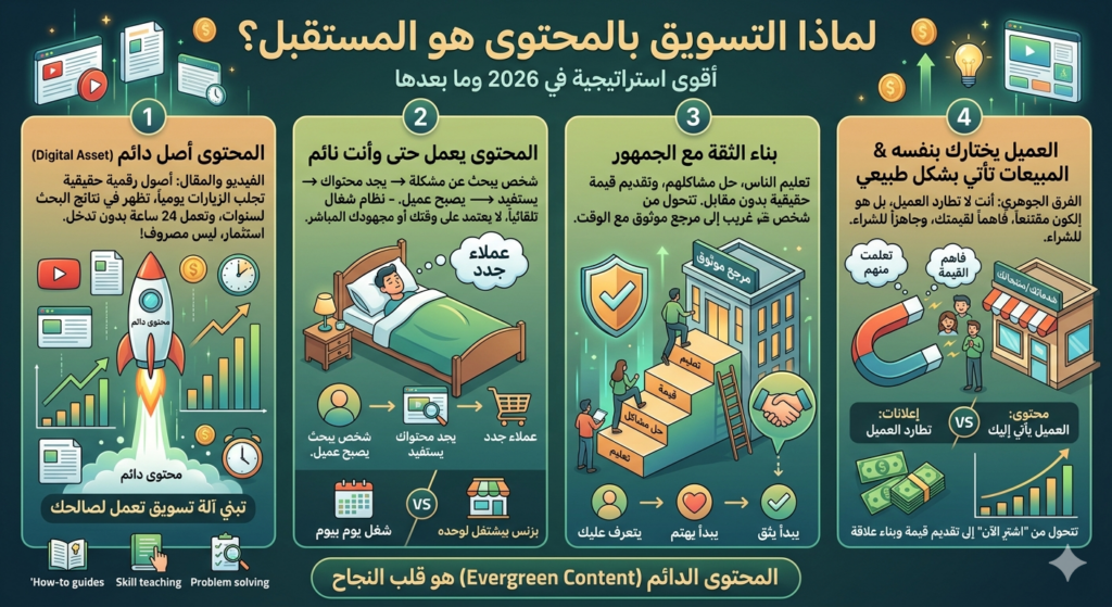 هل التسويق بالمحتوى أفضل من الإعلانات في 2026؟ (الدليل الكامل لبناء بزنس ناجح)