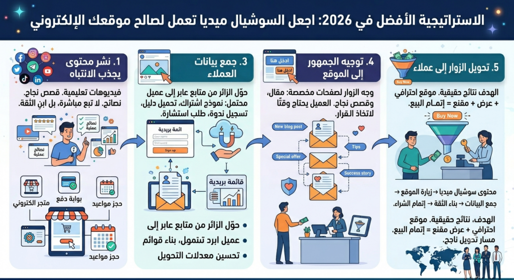 الاستراتيجية الأفضل في 2026: اجعل السوشيال ميديا تعمل لصالح موقعك الإلكتروني