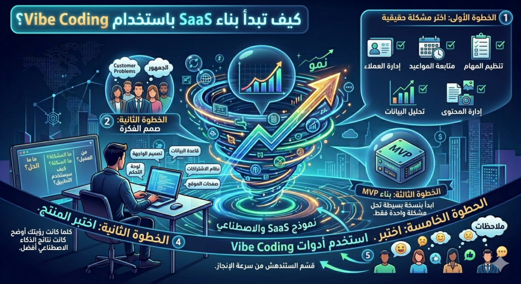 كيف تبدأ بناء SaaS باستخدام Vibe Coding؟ الخطوة الأولى: اختر مشكلة حقيقية ابدأ بسؤال بسيط: ما أكثر شيء يشتكي منه عملاؤك أو جمهورك؟ قد تكون المشكلة: إدارة العملاء. متابعة المواعيد. تنظيم المهام. تحليل البيانات. إدارة المحتوى. كل مشكلة متكررة هي فرصة لبناء SaaS. الخطوة الثانية: صمم الفكرة قبل بناء أي شيء اكتب: من هو العميل؟ ما المشكلة؟ ما الحل؟ كيف سيستخدم التطبيق؟ كلما كانت رؤيتك أوضح كانت نتائج الذكاء الاصطناعي أفضل. الخطوة الثالثة: بناء MVP لا تحاول بناء منتج ضخم من البداية. ابدأ بنسخة بسيطة تحل مشكلة واحدة فقط. هذا ما يسمى MVP أو Minimum Viable Product. الخطوة الرابعة: استخدم أدوات Vibe Coding ابدأ بالتحدث مع الذكاء الاصطناعي واطلب منه: تصميم الواجهة. بناء قاعدة البيانات. إنشاء لوحة التحكم. إضافة نظام الاشتراكات. إنشاء صفحات الموقع. قسّم المشروع إلى مهام صغيرة وستندهش من سرعة الإنجاز. الخطوة الخامسة: اختبر المنتج اعرض النسخة الأولى على مجموعة صغيرة من المستخدمين. استمع لملاحظاتهم. ثم استخدم الذكاء الاصطناعي لإجراء التعديلات بسرعة.